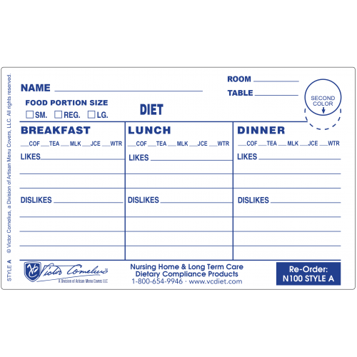 N100A Plastex Dietary Tray Cards with Pre attached laminate